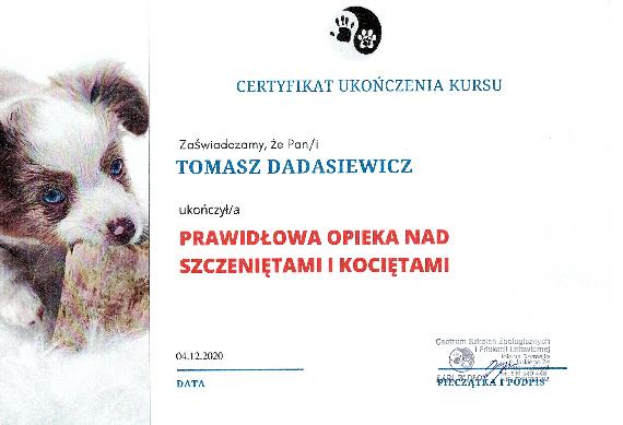Certyfikat - Prawidłowa opieka nad szczeniętami i kociętami